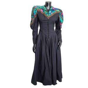 Vintage 80s Menu Prairie Maxi Dress Black Floral Puff Sleeve Cotton USA Western